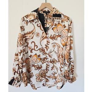 NWT Beulah Style Brown & Black Floral Collared Button-Down Blouse Sz Large